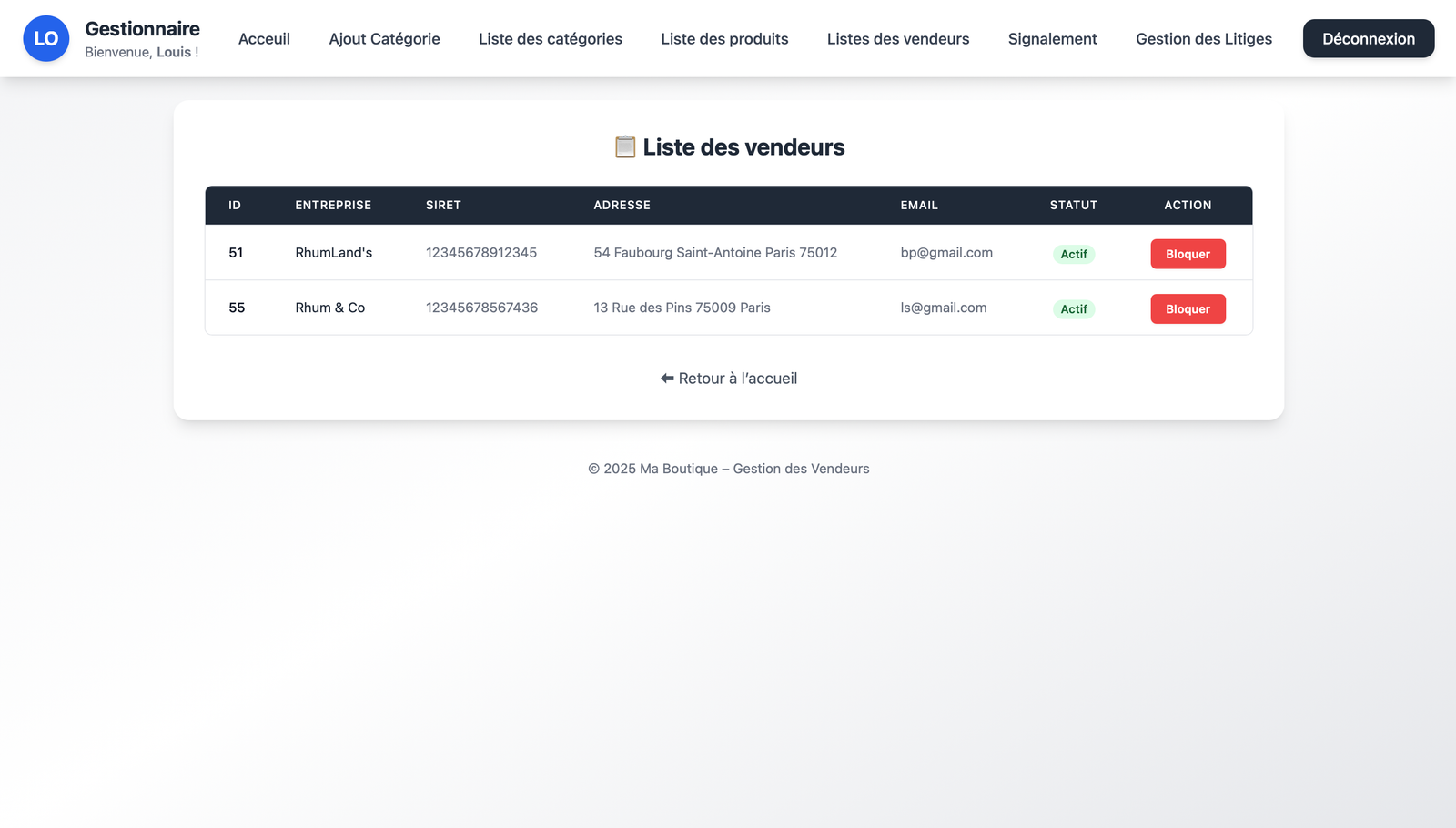 Liste vendeurs